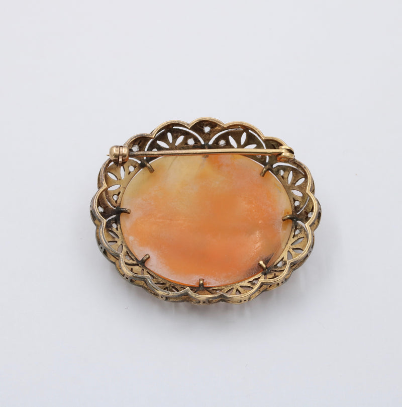 Antique 18K Gold, Silver, and Diamond Cameo Brooch, Pin