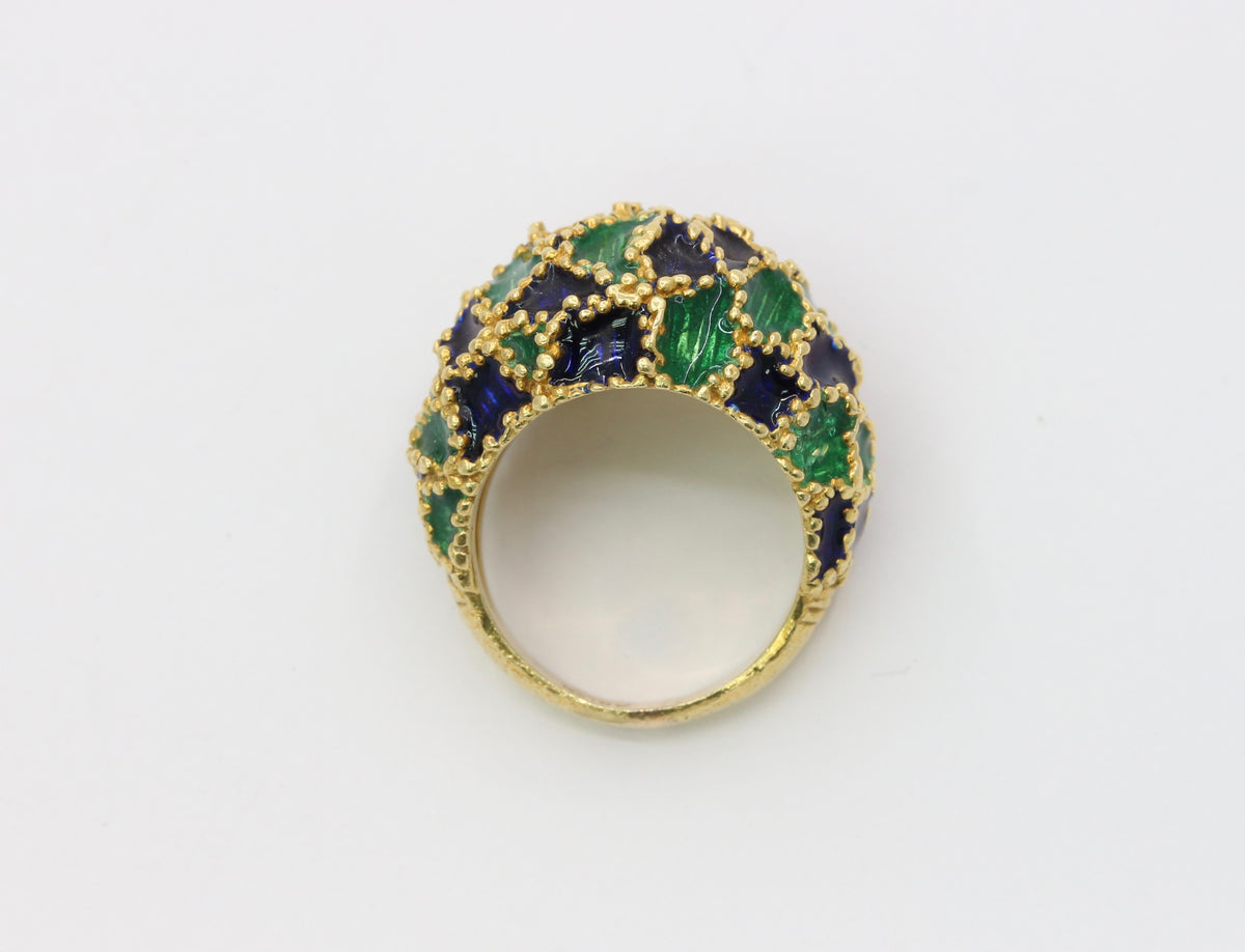 Vintage 1970s Blue and Green Enamel 18K Gold Dome Shaped Statement Ring
