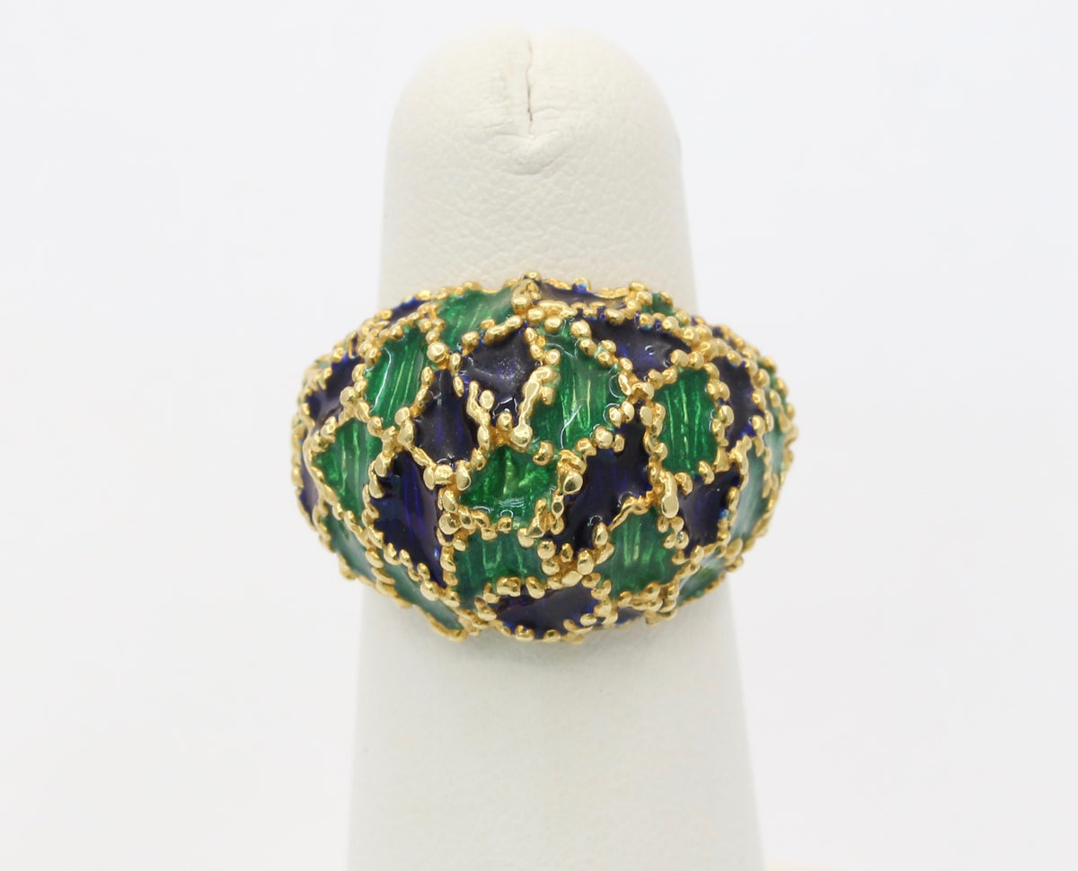 Vintage 1970s Blue and Green Enamel 18K Gold Dome Shaped Statement Ring