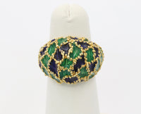 Vintage 1970s Blue and Green Enamel 18K Gold Dome Shaped Statement Ring