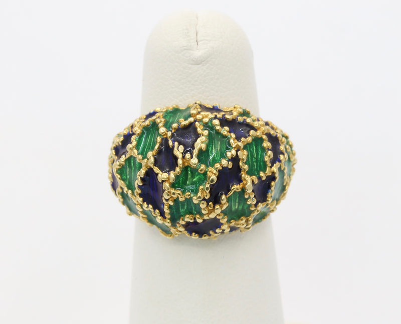 Vintage 1970s Blue and Green Enamel 18K Gold Dome Shaped Statement Ring
