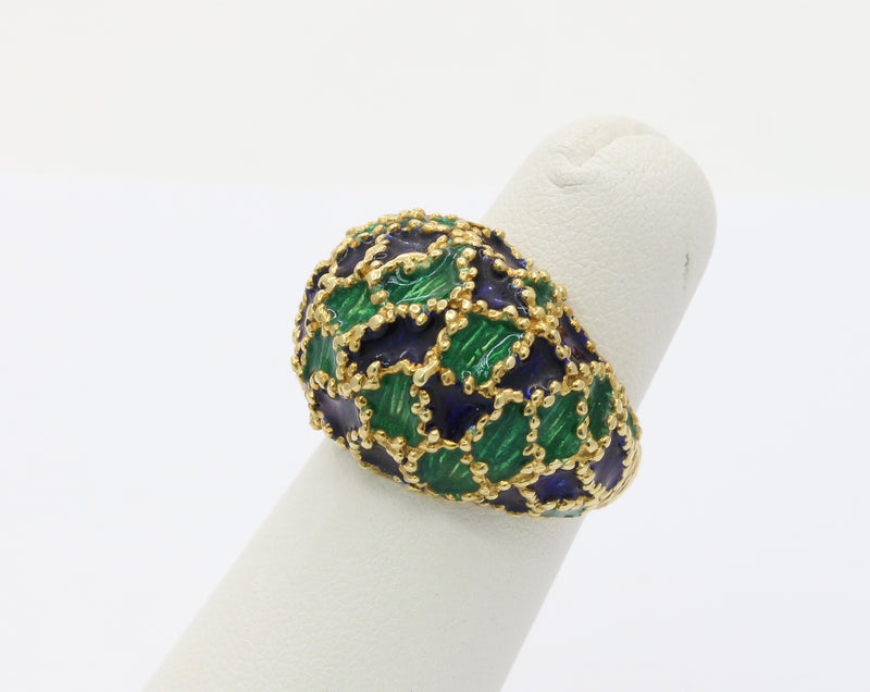 Vintage 1970s Blue and Green Enamel 18K Gold Dome Shaped Statement Ring