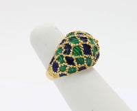 Vintage 1970s Blue and Green Enamel 18K Gold Dome Shaped Statement Ring