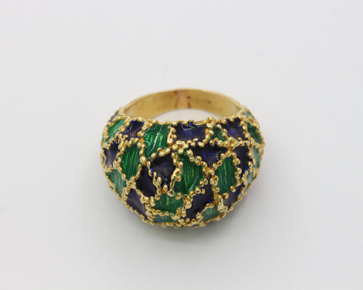 Vintage 1970s Blue and Green Enamel 18K Gold Dome Shaped Statement Ring
