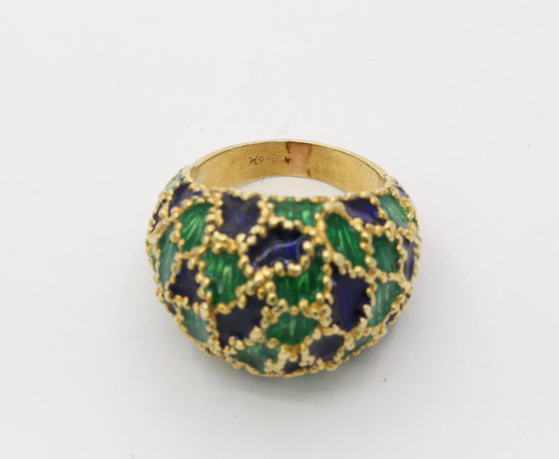 Vintage 1970s Blue and Green Enamel 18K Gold Dome Shaped Statement Ring