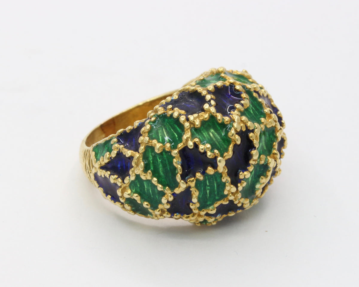 Vintage 1970s Blue and Green Enamel 18K Gold Dome Shaped Statement Ring