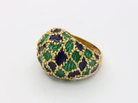 Vintage 1970s Blue and Green Enamel 18K Gold Dome Shaped Statement Ring
