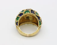 Vintage 1970s Blue and Green Enamel 18K Gold Dome Shaped Statement Ring