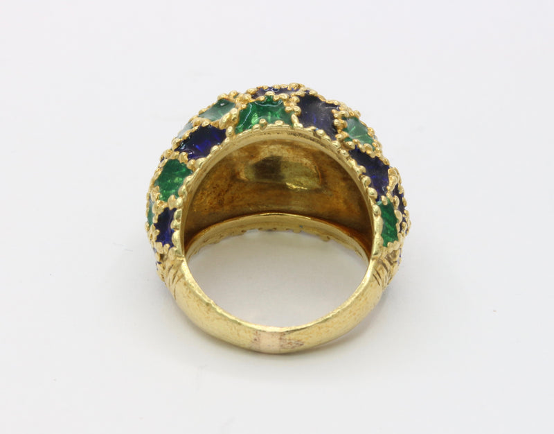 Vintage 1970s Blue and Green Enamel 18K Gold Dome Shaped Statement Ring