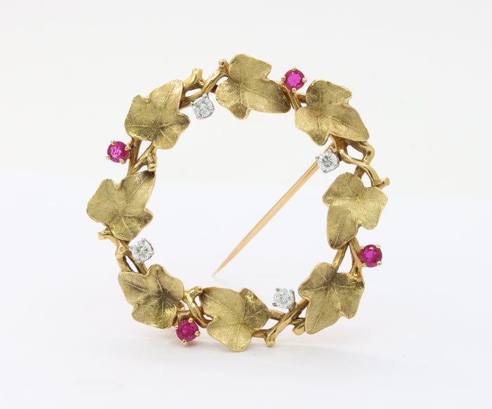 Vintage 18K Gold Ruby and Diamond Ivy Wreath Circle Brooch Pin