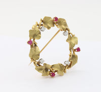 Vintage 18K Gold Ruby and Diamond Ivy Wreath Circle Brooch Pin