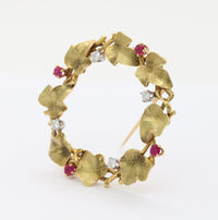 Vintage 18K Gold Ruby and Diamond Ivy Wreath Circle Brooch Pin