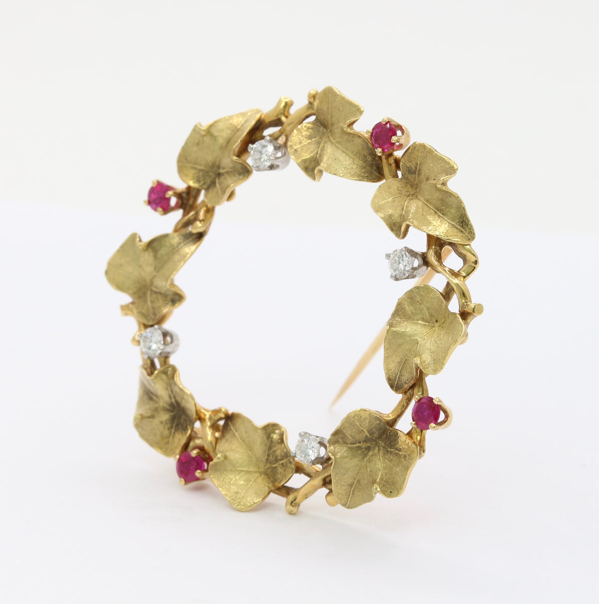 Vintage 1940s 14K Gold and Ruby Floral Wreath Brooch / Pin