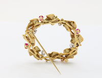 Vintage 18K Gold Ruby and Diamond Ivy Wreath Circle Brooch Pin