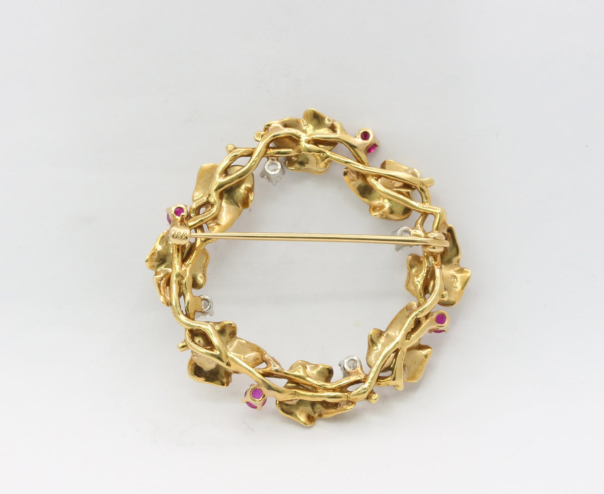 Vintage 18K Gold Ruby and Diamond Ivy Wreath Circle Brooch Pin