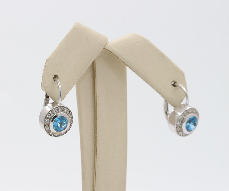 Swiss Blue Topaz Diamond Halo 18K Gold Leverback Earring