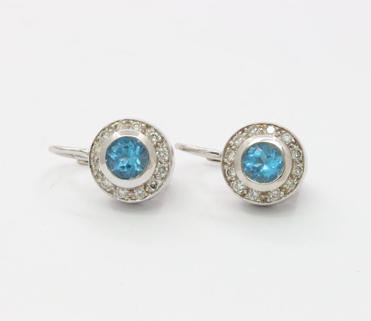 Swiss Blue Topaz Diamond Halo 18K Gold Leverback Earring