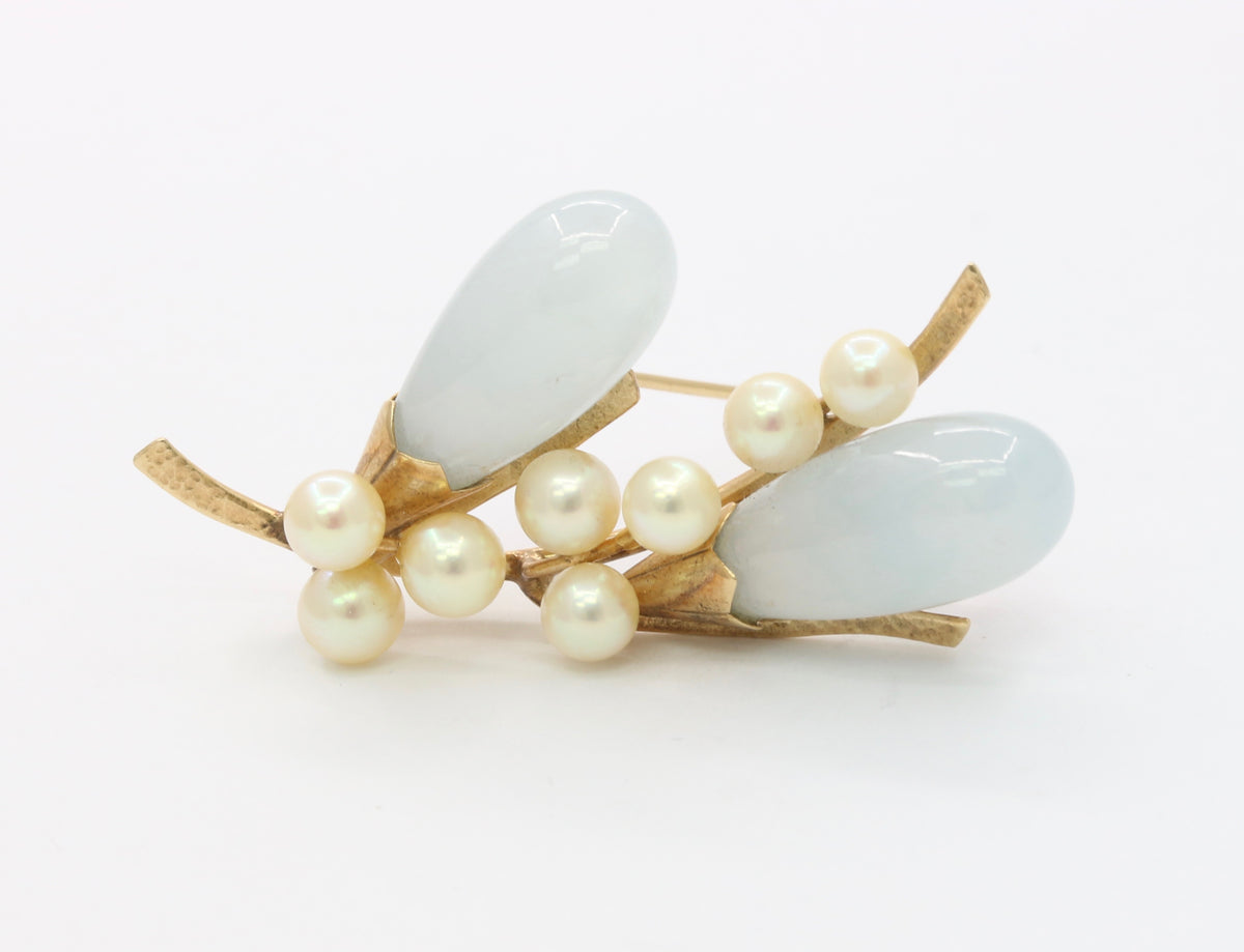 Mings Jade Leaf & Pearl Brooch in 14k Gold