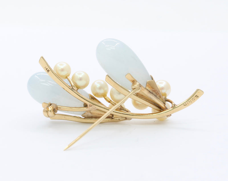 Vintage Ming’s Jade and Pearl 14K Gold Floral Brooch