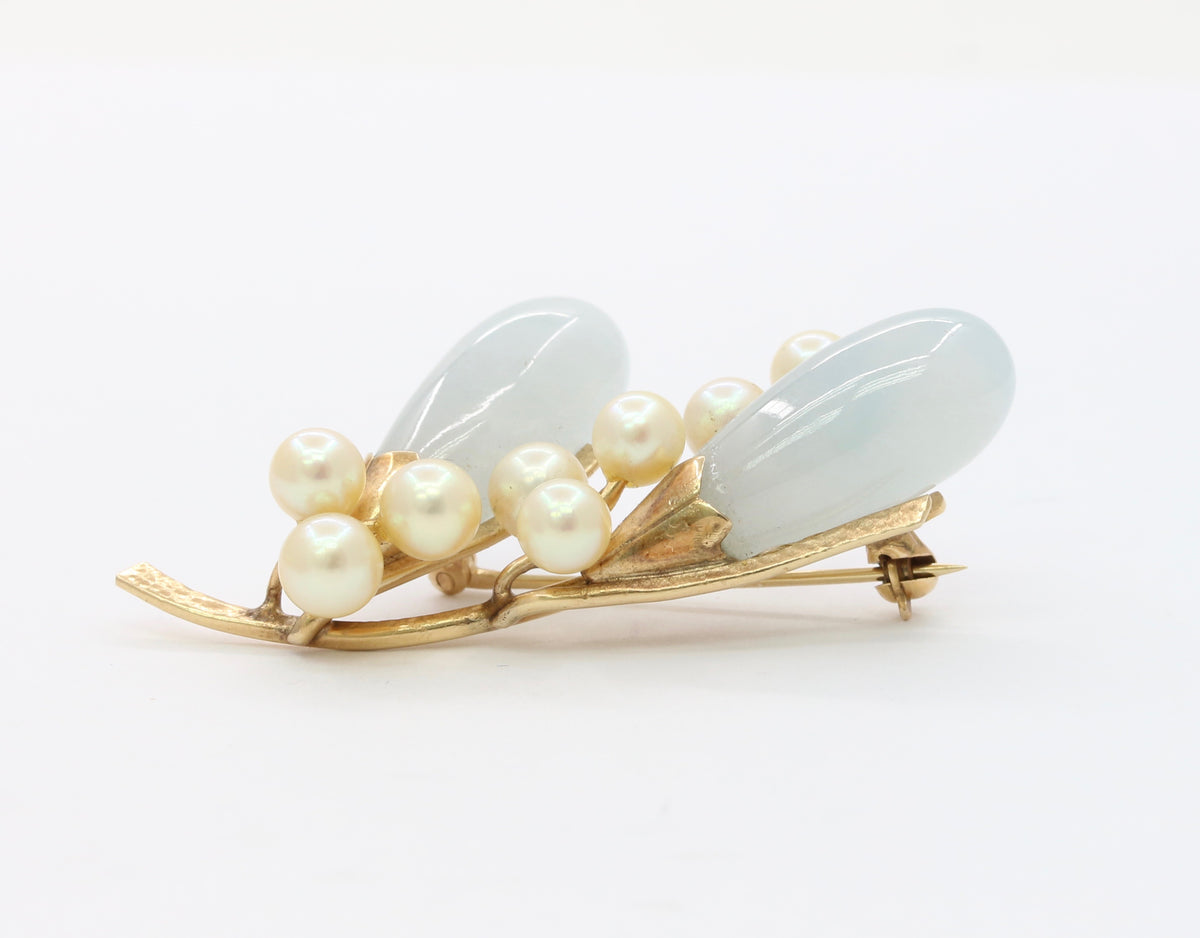 Mings Jade Leaf & Pearl Brooch in 14k Gold