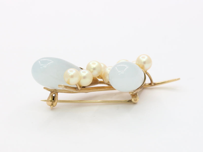 Vintage Ming’s Jade and Pearl 14K Gold Floral Brooch
