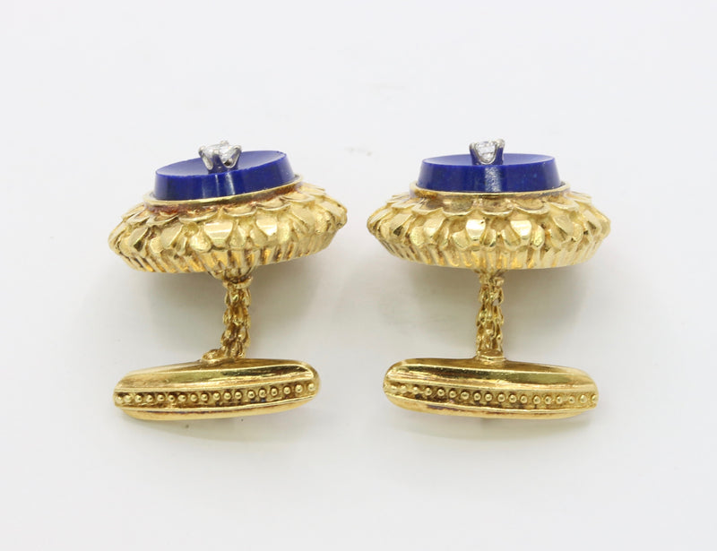 Vintage La Triomphe 18K Gold Diamond and Lapis Lazuli Cufflinks