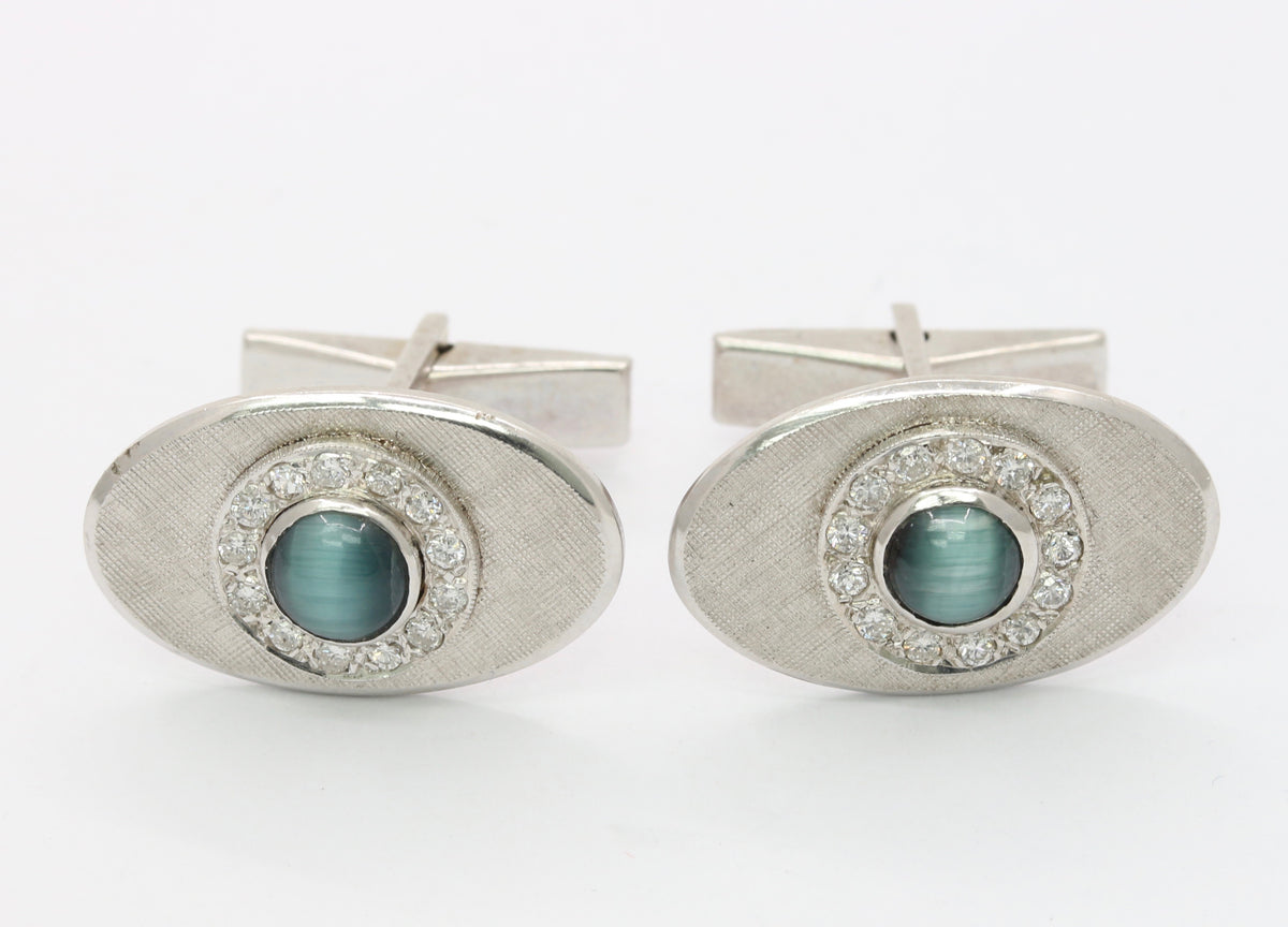 Vintage 14K White Gold Cat’s Eye and Diamond Cufflinks