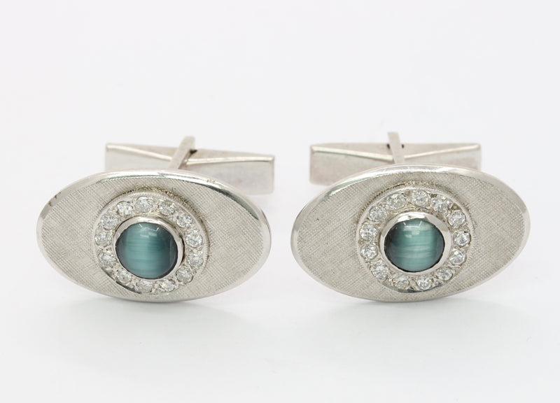 Vintage 14K White Gold Cat’s Eye and Diamond Cufflinks
