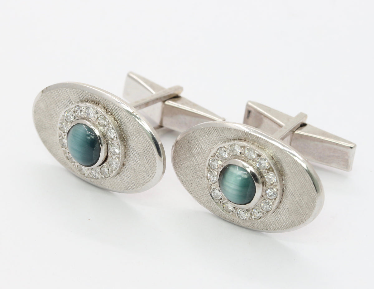 Vintage 14K White Gold Cat’s Eye and Diamond Cufflinks
