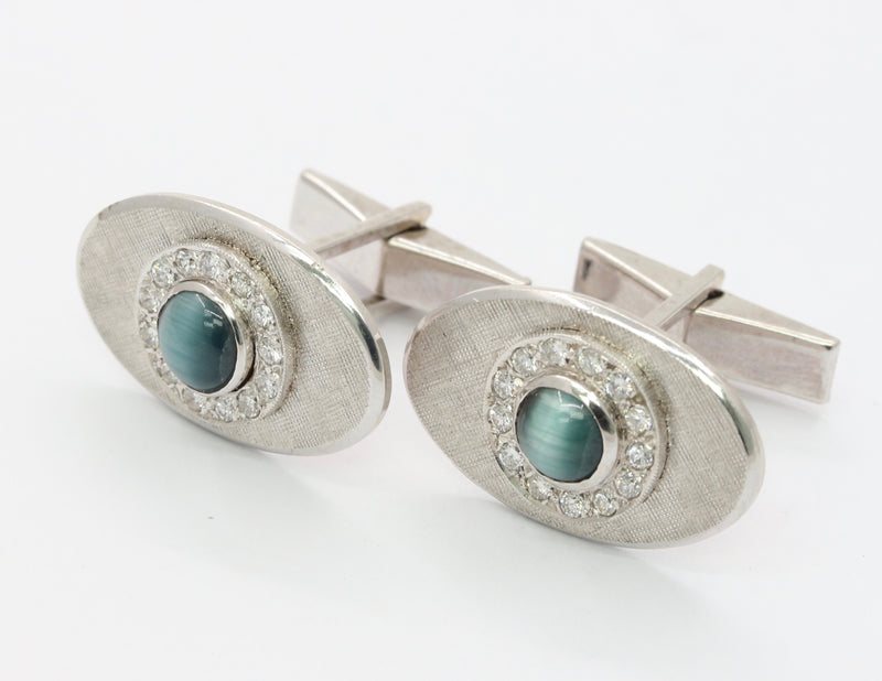 Vintage 14K White Gold Cat’s Eye and Diamond Cufflinks