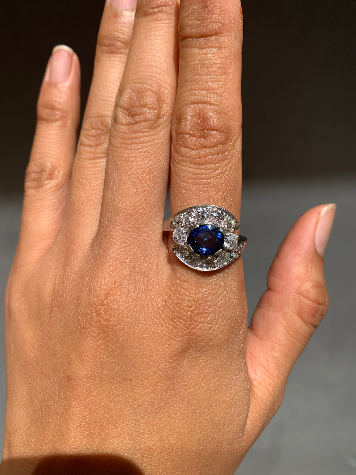 Vintage Platinum 1.6 Carat Sapphire and 1.7 Carat Diamond Bypass Ring, Alternative Engagement