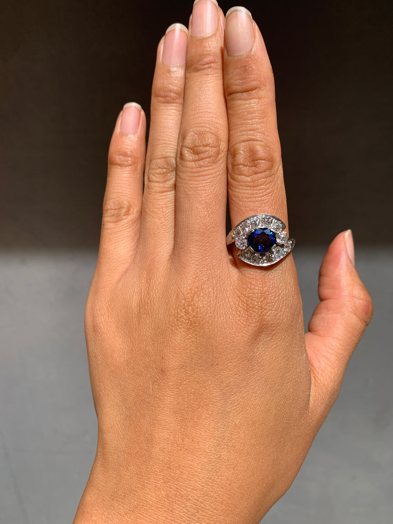 Vintage Platinum 1.6 Carat Sapphire and 1.7 Carat Diamond Bypass Ring, Alternative Engagement