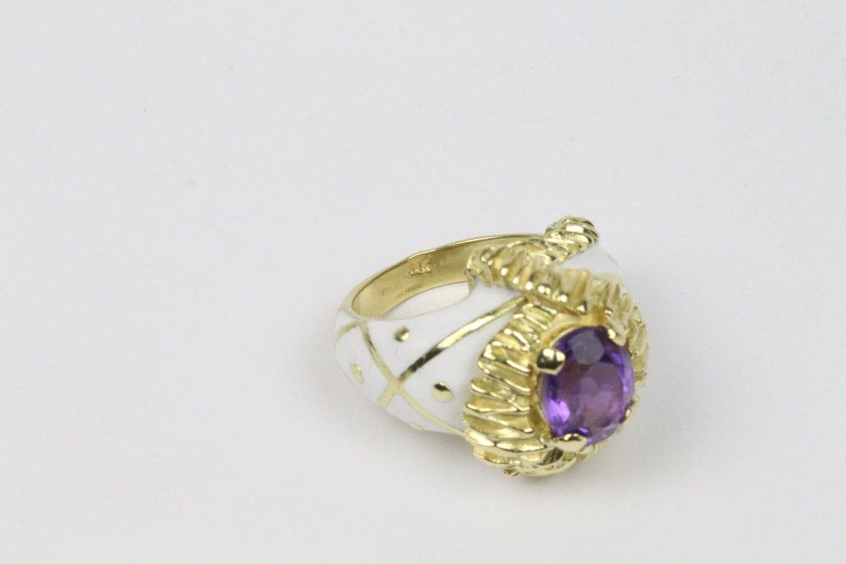 Funky Natural Amethyst and White Enamel Heavy 18K Gold Ring