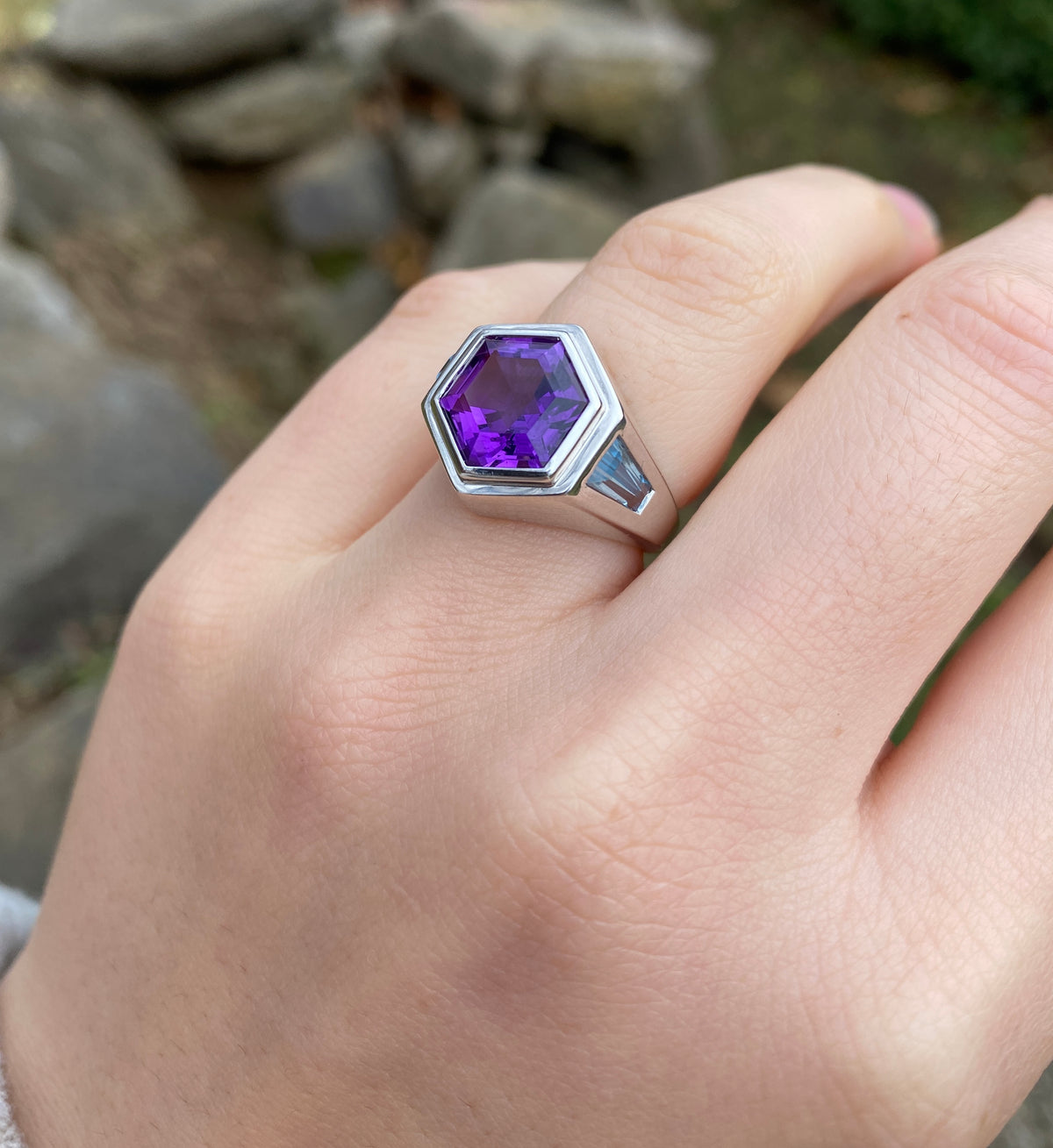 Amethyst and Blue Topaz Hexagonal 18K Gold Signet Ring