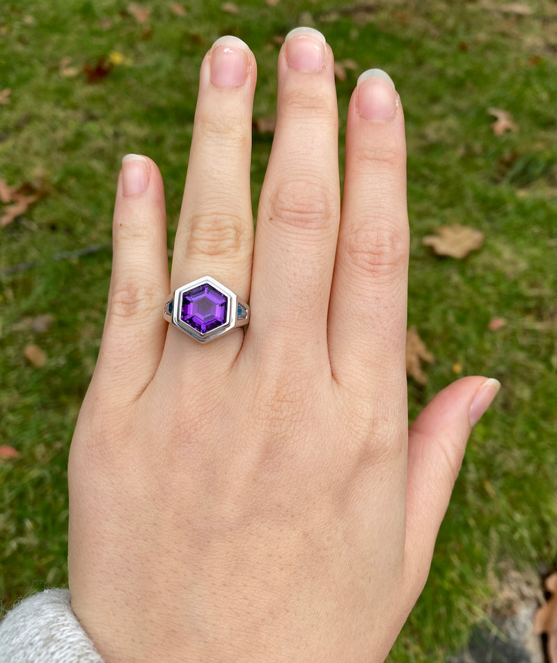 Amethyst and Blue Topaz Hexagonal 18K Gold Signet Ring