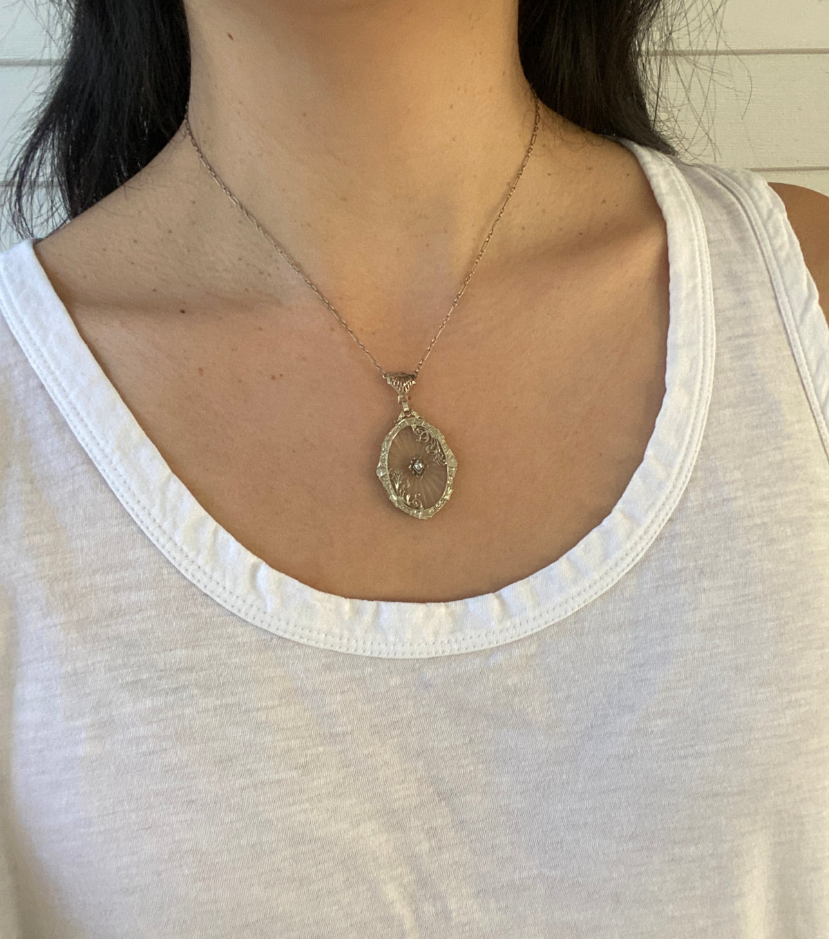 Art Deco Camphor Glass and Diamond 14K Gold Lavalier Necklace