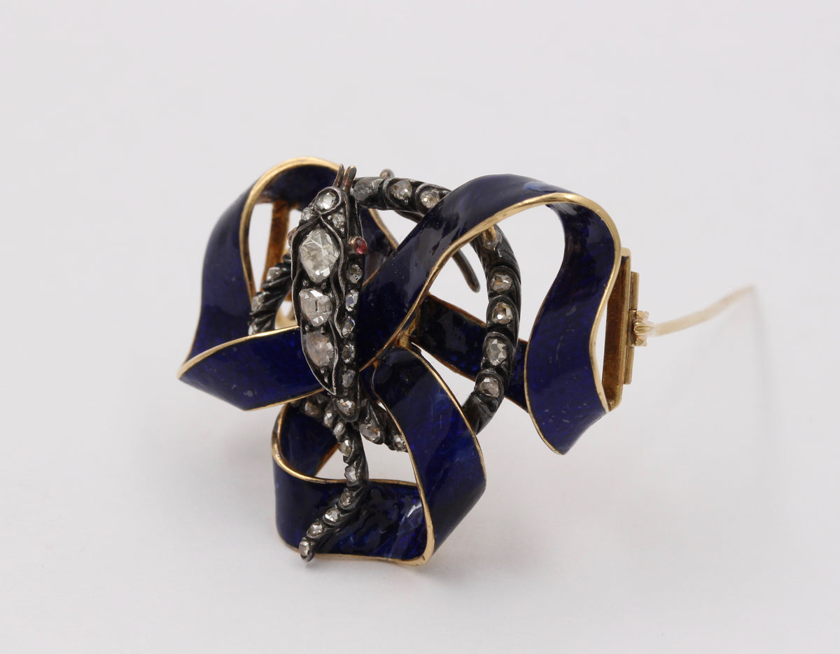 Victorian 18K Gold, Rose Cut Diamond, Enamel Snake Ribbon Brooch, Antique Pin