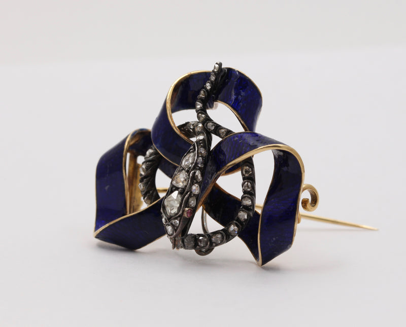 Victorian 18K Gold, Rose Cut Diamond, Enamel Snake Ribbon Brooch, Antique Pin