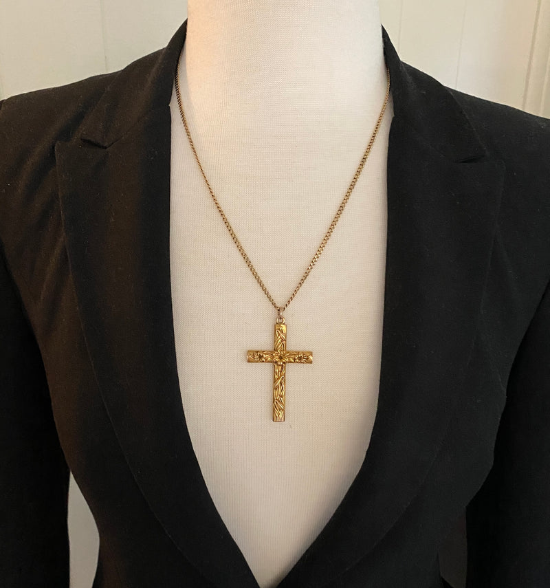 Large Art Nouveau 14K Gold Cross Pendant with Lilies