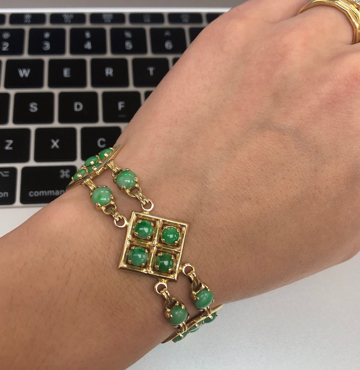 Vintage 14K Gold Link and Green Jade Bohemian Style Stacking Bracelet