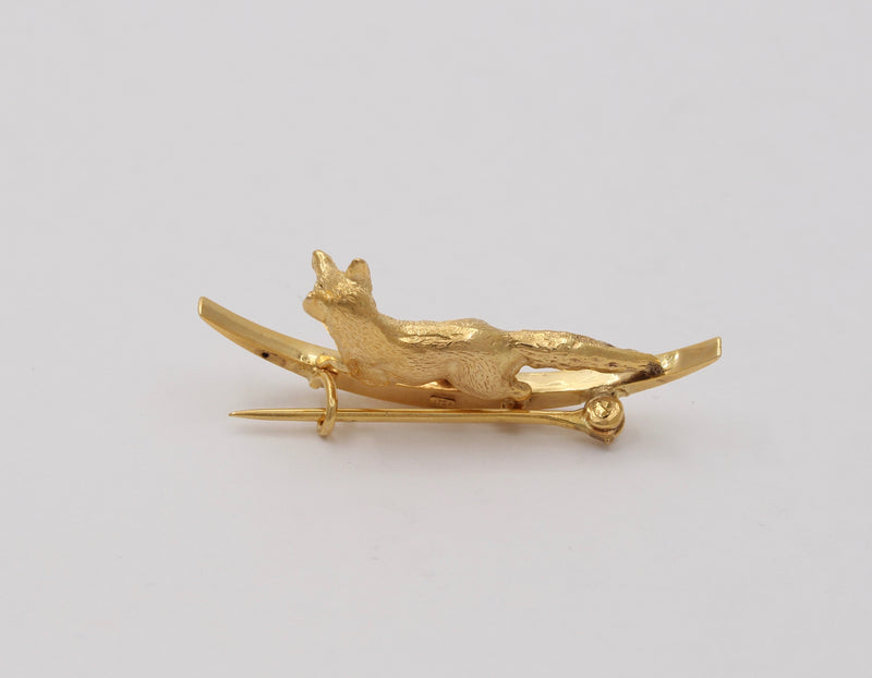 Victorian 9K Gold Fox and Crescent Moon Pin, English Antique Brooch