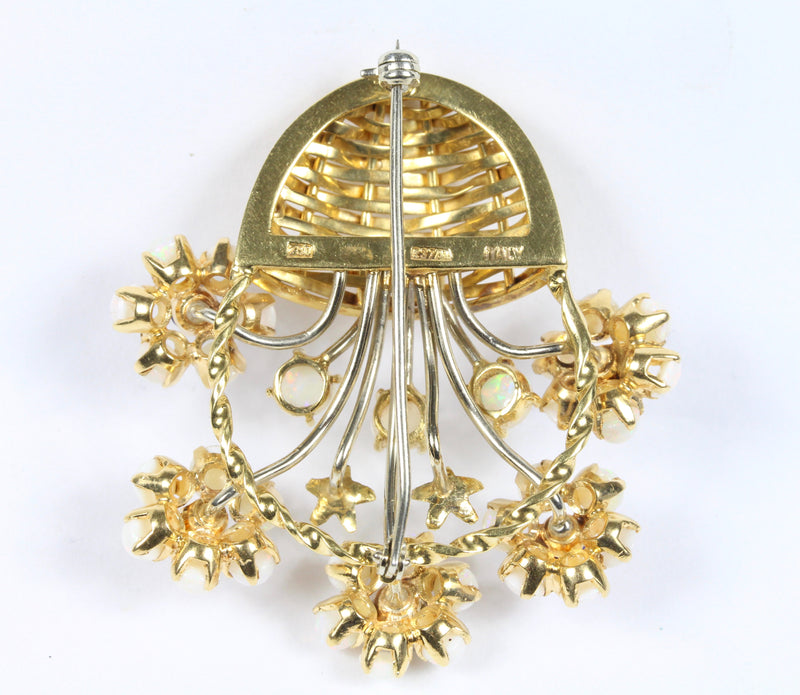 Vintage Opal and Lapis 18K Gold Flower Basket Italian Brooch Pin