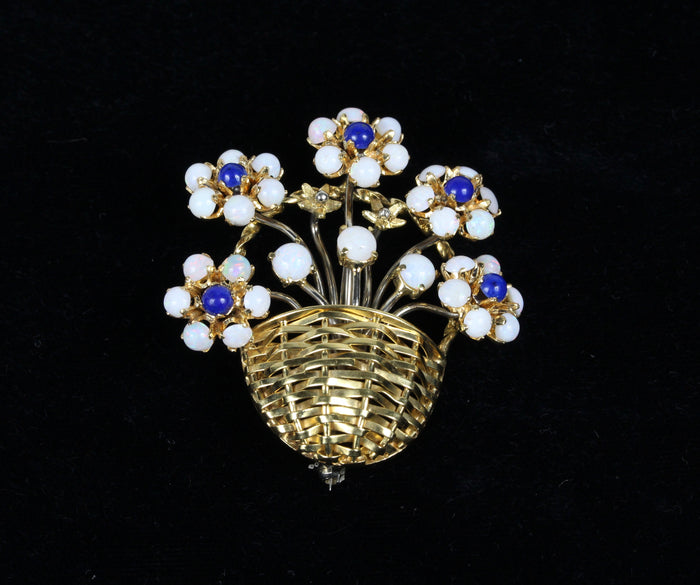 Vintage Opal and Lapis 18K Gold Flower Basket Italian Brooch Pin