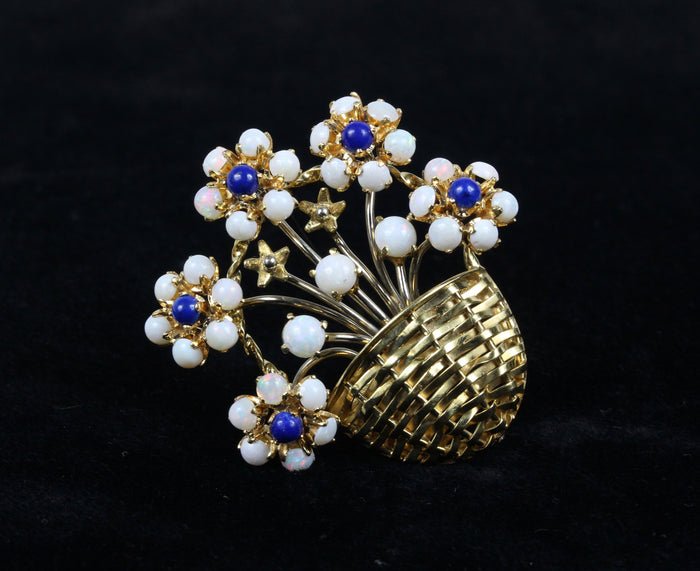 Vintage Opal and Lapis 18K Gold Flower Basket Italian Brooch Pin