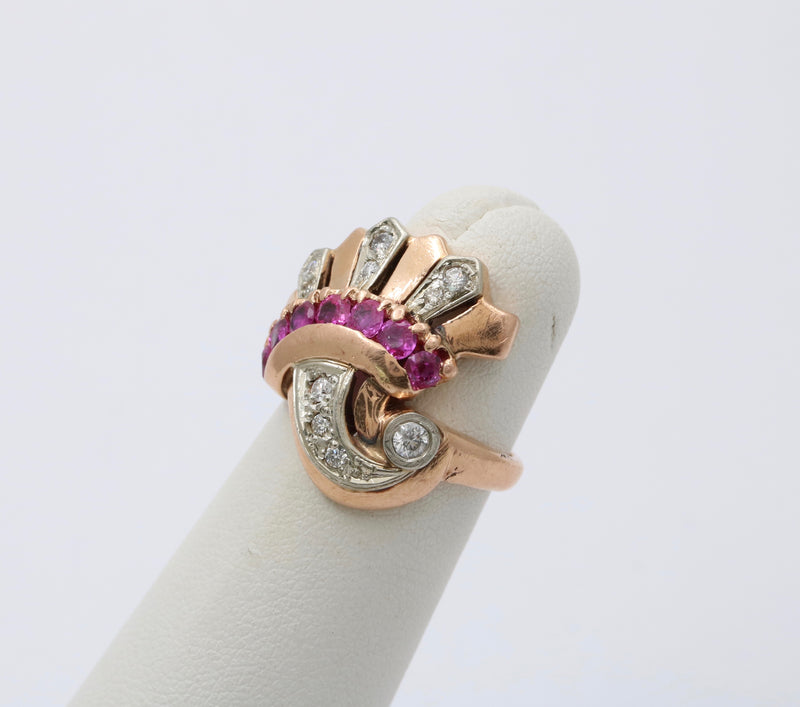 Retro 14K Gold, Diamond and Ruby Cornucopia, Fan Ring