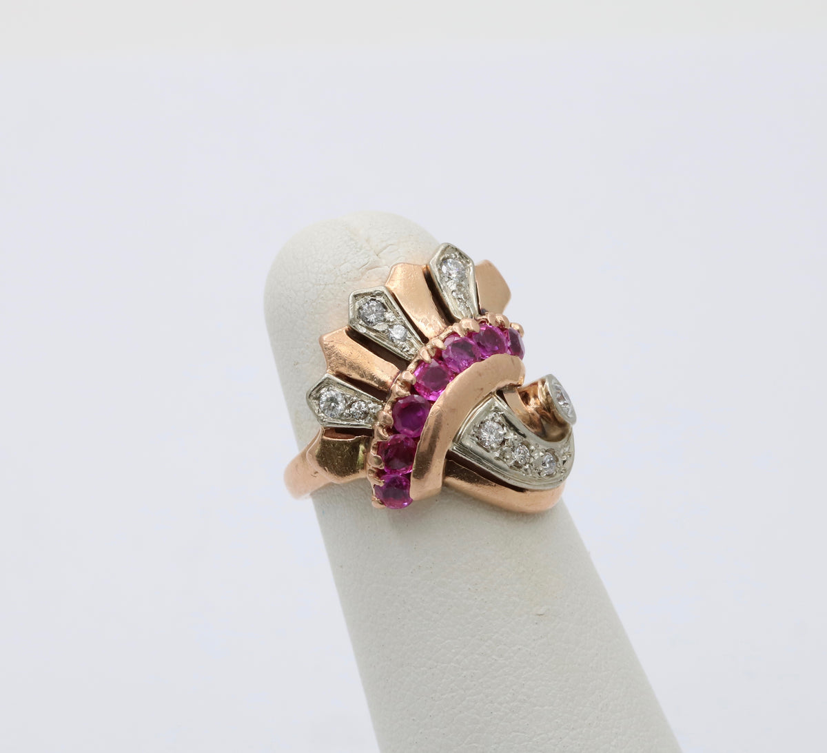 Retro 14K Gold, Diamond and Ruby Cornucopia, Fan Ring