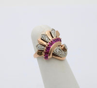 Retro 14K Gold, Diamond and Ruby Cornucopia, Fan Ring