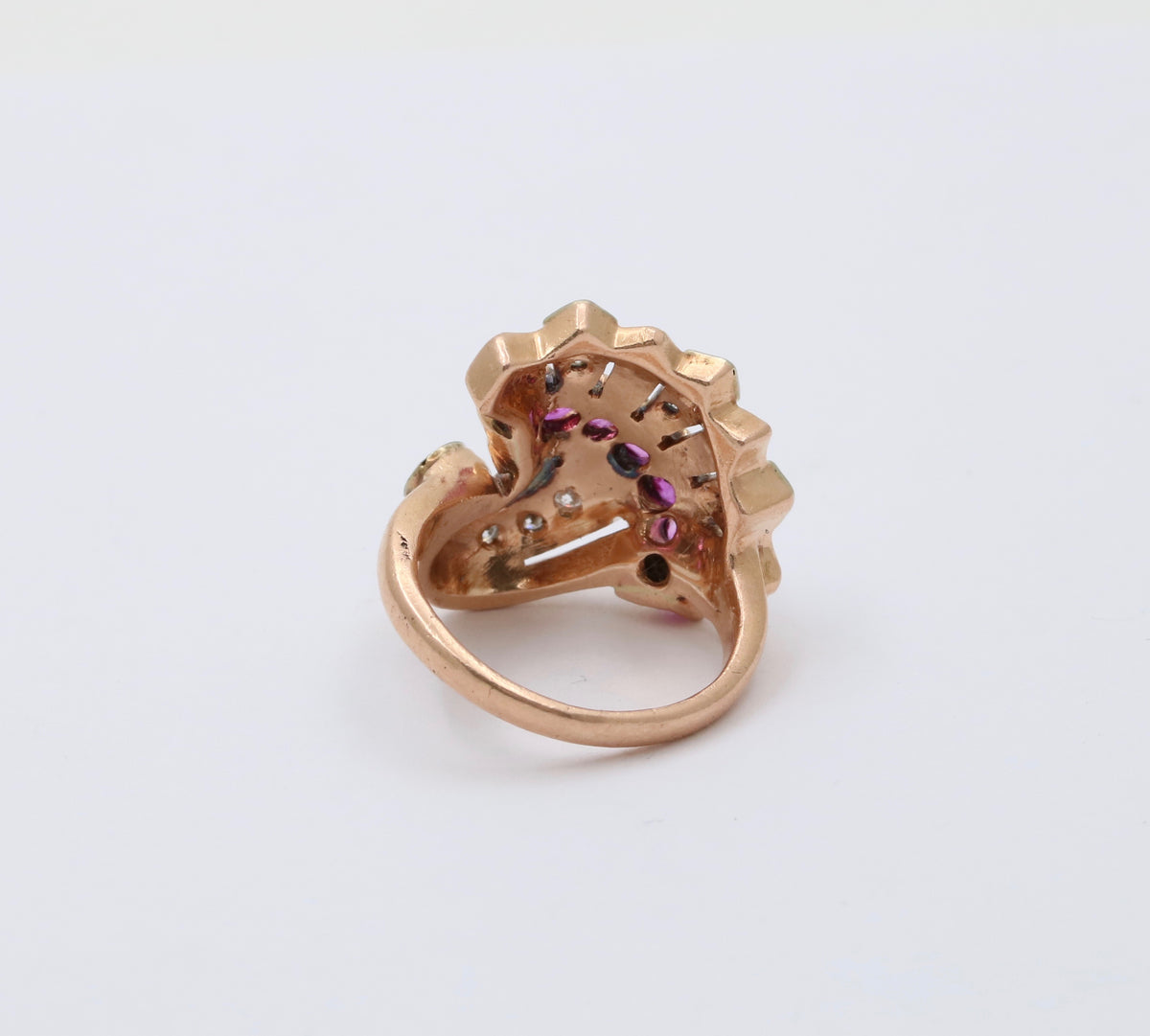 Retro 14K Gold, Diamond and Ruby Cornucopia, Fan Ring