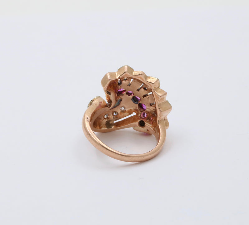 Retro 14K Gold, Diamond and Ruby Cornucopia, Fan Ring