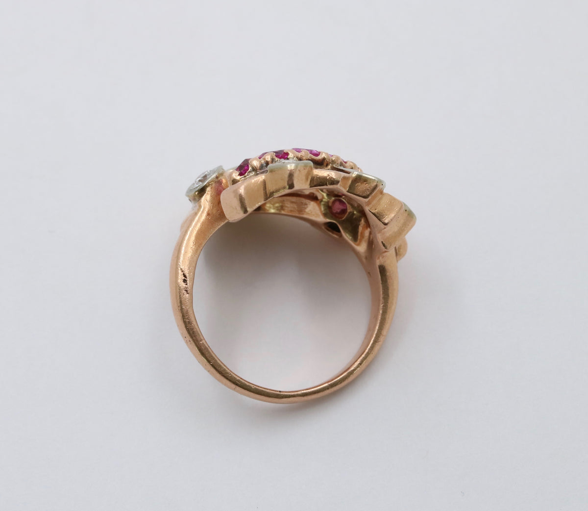 Retro 14K Gold, Diamond and Ruby Cornucopia, Fan Ring